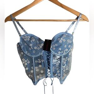 NWT Bodyrage Blue Daisy Embroidered Corset Top with Undies